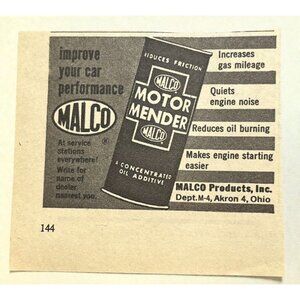 Malco Motor Mender Vintage Mini Print Ad 1960s Car Performance Akron Ohio